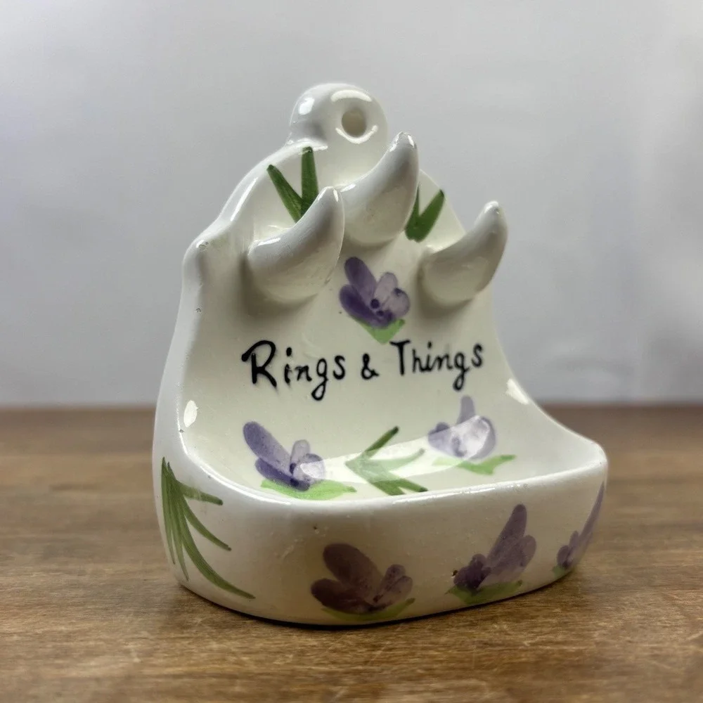 Vintage Rings & Things Ceramic Wall Mounted Ring Holder Floral Trinket cottage